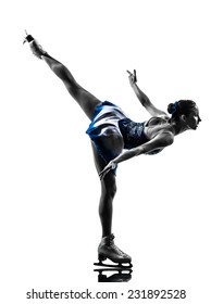 One  Woman Ice Skater Skating In Silhouette On White Background