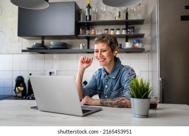 One Woman Mature Caucasian Female Working On Her Laptop Computer In The Kitchen At Home Freelance Remote Work Morning Routine Real People Copy Space Happy Smile Making Video Conference Call