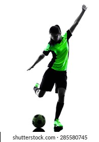 One Woman Playing Soccer Player In Silhouette Isolated On White Background