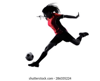 One Woman Playing Soccer Player In Silhouette Isolated On White Background