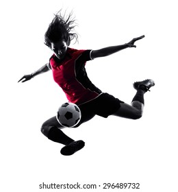 One Woman Playing Soccer Player In Silhouette Isolated On White Background