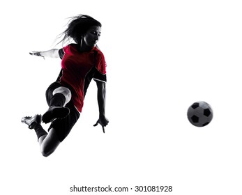 One Woman Playing Soccer Player In Silhouette Isolated On White Background