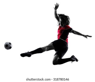 One Woman Playing Soccer Player In Silhouette Isolated On White Background