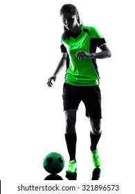 One Woman Playing Soccer Player In Silhouette Isolated On White Background