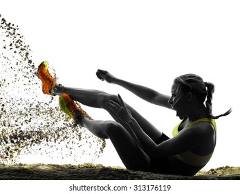 One Woman Practicing Long Jump Silhouette In Studio Silhouette Isolated On White Background