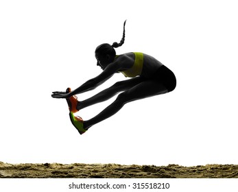 One Woman Praticing Long Jump Silhouette In Studio Silhouette Isolated On White Background