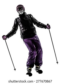 one  woman skier skiing in silhouette on white background