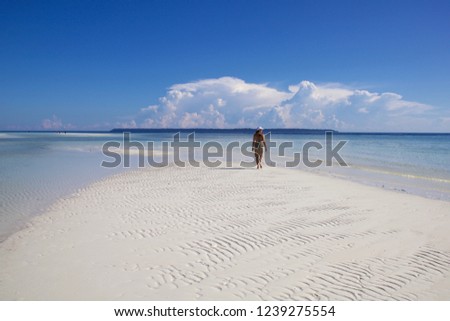 one woman walking on the sand in bikini and pareo, idyllic tropical seascape