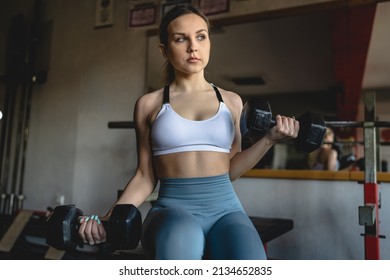 One Woman Young Adult Caucasian Female Training Arms Bicep Flexing Muscles With Dumbbell While Sitting In The Gym Wearing White Top Real People Copy Space Front View Waist Up