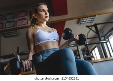 One Woman Young Adult Caucasian Female Training Arms Bicep Flexing Muscles With Dumbbell While Sitting In The Gym Wearing White Top Real People Copy Space Front View Low Angle Up