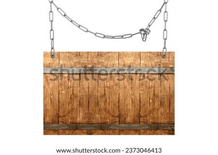 One wooden signboard hanging on metal chain against white background. Space for text