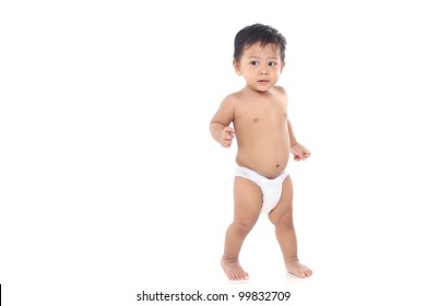 One Year Old Asian Baby Looking At You Isolated With Large Copy-space