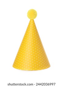 One yellow party hat with pompom isolated on white