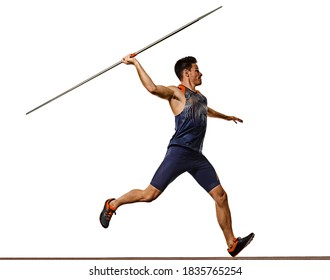 one young caucasian athlete man practicing Javelin athletics in studio isolated on white background - Powered by Shutterstock