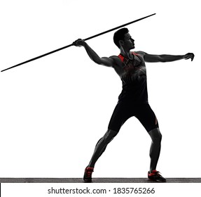 one young caucasian athlete man practicing Javelin athletics in studio isolated on white background - Powered by Shutterstock