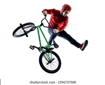 one young caucasian man BMX rider cyclist cycling freestyle acrobatic stunt in studio isolated on white background