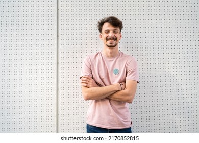 One Young Caucasian Man With Brown Hair And Mustaches Wearing T-shirt Looking To The Camera Modern Happy Adult Male Smile Confident Portrait In Front Of White Wall Copy Space Waist Up