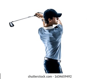 one young caucasian Man Golf golfer golfing isolated on white background