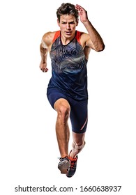 One Young Caucasian Man Practicing Athletics Runner Running Sprinter Sprinting In Studio Isolated On White Background