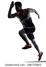 one young caucasian man practicing athletics runner running sprinter sprinting in studio isolated on white background