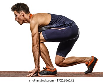 One Young Caucasian Man Practicing Athletics Runner Running Sprinter Sprinting In Studio Isolated On White Background