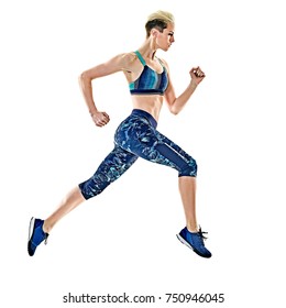 One Young Caucasian Woman Runner Running Jogger Jogging Studio Isolated In White Background