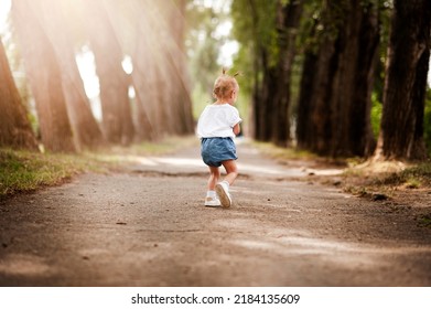 One Young Little Child Walking, Strolling Through A Green Field, Rural Forest Area Walk, School Age Girl Wandering Alone, Copy Space. Serene Outdoor Scene, Children Healthy Active Lifestyle Concept