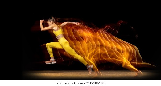 One Young Woman, Female Professional Track Athlete Running Isolated Over Black Studio Background In Mixed Neon Lights. Stroboscopic Effect. Flyer