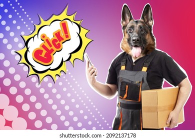 One-click Delivery.  Surreal Collage. Deliveryman With The Head Of A Dog. A Shepherd Dog With A Human Body Holds A Parcel. Large Inscription Click! Dog As A Symbol Of A Friendly Courier.