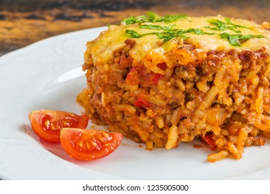 One-dish Meal, Texas Hash, Ground Beef, Rice And Vegetables Cooked In Crockpot. White Plate, Close-up