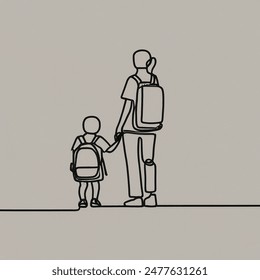 one-line drawing, minimalistic style, back view, smaller child holding parent's hand, simple school entrance in background, toned down school building, first day of school theme