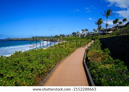 Oneloa Beach along the Kapalua Coastal Trail on West Maui, Hawaii - Boardwalk winding between luxury resorts and the Pacific Ocean