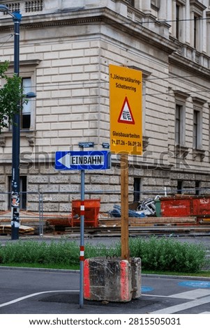 One-way and temporary construction warning signs in Vienna