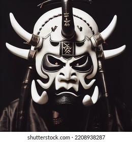 Oni Samurai Mask. Japanese Bushido Art. Oni Are Yōkai, Supernatural Ogre, Trolls In Japanese Folklore