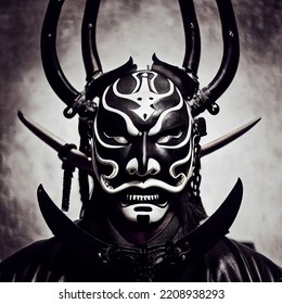 Oni Samurai Mask. Japanese Bushido Art. Oni Are Yōkai, Supernatural Ogre, Trolls In Japanese Folklore