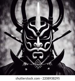 Oni Samurai Mask. Japanese Bushido Art. Oni Are Yōkai, Supernatural Ogre, Trolls In Japanese Folklore