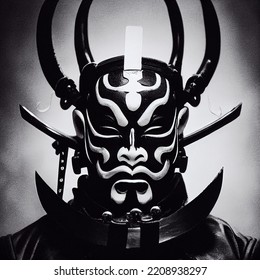 Oni Samurai Mask. Japanese Bushido Art. Oni Are Yōkai, Supernatural Ogre, Trolls In Japanese Folklore