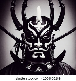 Oni Samurai Mask. Japanese Bushido Art. Oni Are Yōkai, Supernatural Ogre, Trolls In Japanese Folklore