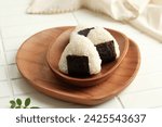 Onigiri Rice Ball on Wooden Plate, Japanese Food 