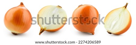 Onion bulbs isolated. Whole golden onion bulb and a half on white background. Onion set. Full depth of field. With clipping path.