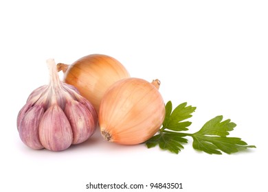 Onion And Garlic Clove Isolated On White Background