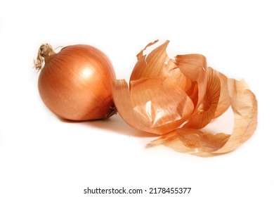 Onion and Onion Peel Isolated on White Background 