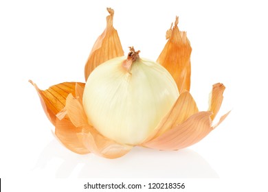 Onion peeled and skin isolated on white background, clipping path included