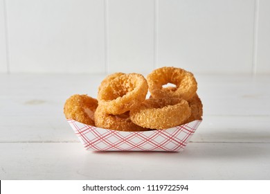 Onion Rings In Basket On White