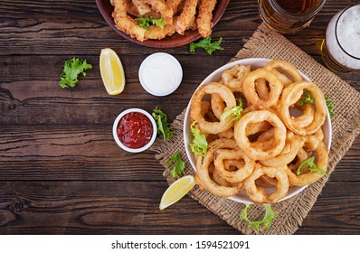 Onion Rings In Batter With Sauce And Cheese Sticks. Beer Snacks. Top View, Overhead, Copy Space