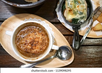 Onion Soup. A Top View Of Onion Soup On The Wooden Table.