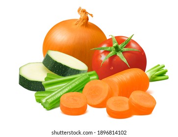 Onion, zucchini, tomato, celery and sliced carrot isolated on white background. Package design element with clipping path