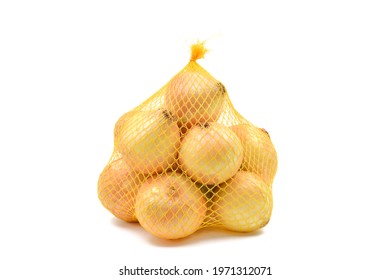 Onions in a net sack,isolated on white background - Shutterstock ID 1971312071