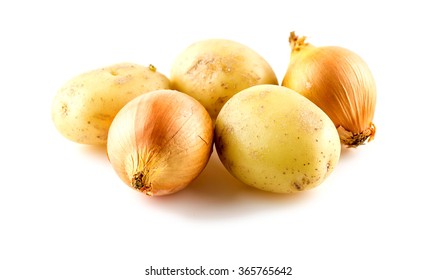 Onions And Potatoes For Making Stew Isolated On White