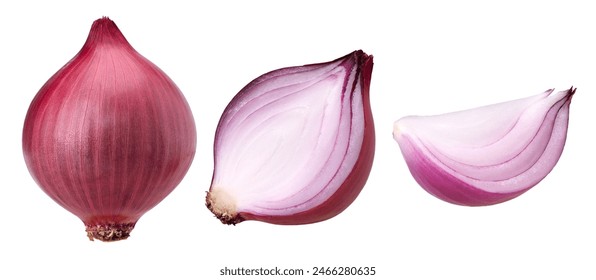 onions (shallots), slices and half isolated on white background, clipping path